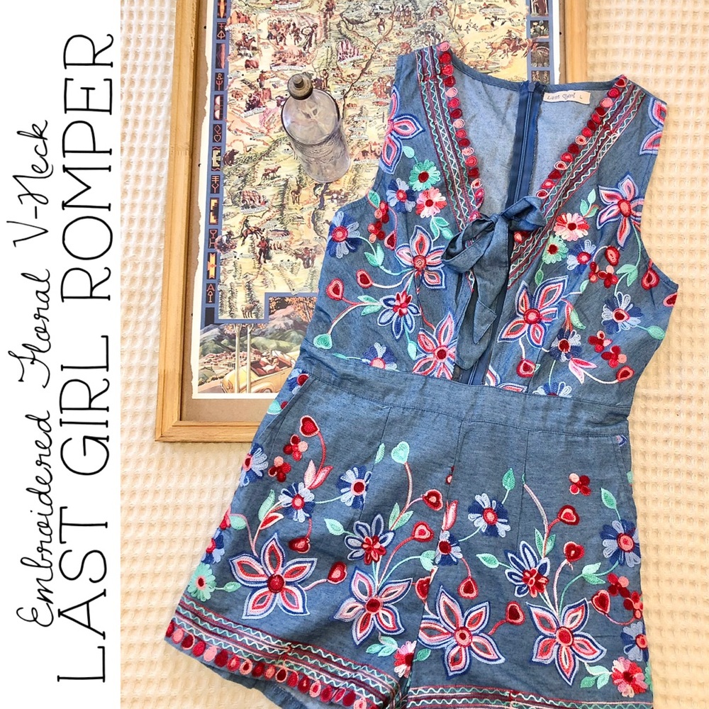 Last Girl Floral Embroidered V-Neck Romper